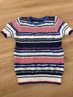 Women’s Short Sleeve Striped Knit Top - Blue/White/Red
